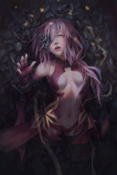 Rule 34 | 10s, 1girl, bare shoulders, black thighhighs, breasts, center opening, cleavage, crystallization, detached sleeves, elbow gloves, fingerless gloves, gloves, guilty crown, hair ornament, hairclip, highres, long hair, looking at viewer, navel, open mouth, pink hair, red eyes, small breasts, solo, thighhighs, twintails, w.t, yuzuriha inori