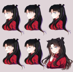 Rule 34 | ayumi (xiwu), black ribbon, blue eyes, blush, cropped torso, closed eyes, fate/stay night, fate (series), finger to own chin, grey background, hair ribbon, highres, long hair, low twintails, multiple views, open mouth, ribbon, smile, sweat, tohsaka rin, turtleneck, twintails, two side up