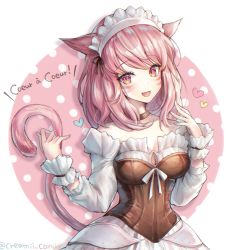 Rule 34 | 1girl, animal ears, bare shoulders, blush, breasts, cat ears, cat tail, cleavage, collar, corset, detached sleeves, facial mark, fang, final fantasy, final fantasy xiv, highres, looking at viewer, maid headdress, medium breasts, mii@chiffonx, miqo&#039;te, mirukurim, open mouth, pink eyes, pink hair, short hair, slit pupils, solo, swept bangs, tail, warrior of light (ff14), whisker markings, wrist cuffs