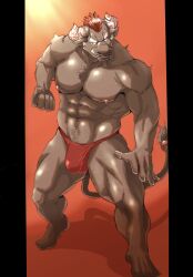 Rule 34 | 1boy, abs, absurdres, animal ears, bara, brown fur, bulge, clenched hand, covered penis, cow ears, cow horns, facial hair, fu ren chi, full body, furry, furry male, goatee stubble, gradient background, gyumao (housamo), highres, horns, large pectorals, legs apart, looking at viewer, male focus, male underwear, mature male, minotaur, mohawk, muscular, muscular male, navel, navel hair, nipples, pectorals, red male underwear, sanpaku, scar, scar on face, scar on nose, seductive smile, shiny skin, short hair, smile, solo, standing, stomach, strongman waist, stubble, thick eyebrows, tokyo houkago summoners, topless male, underwear