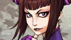 Rule 34 | 1girl, black hair, blunt bangs, capcom, close-up, drill hair, finger to face, gloves, glowing, glowing eye, gsears, han juri, highres, leaf, looking at viewer, purple eyes, short hair, smile, solo, street fighter, twin drills, twintails