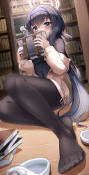 Rule 34 | 1girl, absurdres, black hair, black pantyhose, black shirt, blue archive, blue ribbon, blurry, blurry background, blush, book, bookshelf, breasts, brown jacket, covered navel, covering own mouth, crossed bangs, feet, foot focus, foreshortening, full body, furrowed brow, glowing, hair ribbon, halo, headband, highres, holding, holding book, indoors, jacket, legs, li se, library, light particles, long hair, long sleeves, looking at viewer, open clothes, open jacket, pantyhose, purple headband, ribbon, sandals, shirt, shy, sidelocks, sitting, small breasts, solo, toes, ui (blue archive), wooden floor