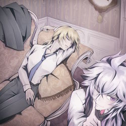 Rule 34 | 1boy, 1girl, ahoge, arm pillow, artoria pendragon (all), artoria pendragon (fate), blonde hair, blue neckwear, couch, dress shirt, fate/apocrypha, fate/grand order, fate (series), finger to mouth, grey hair, highres, jacket, unworn jacket, merlin (fate), necktie, on couch, one eye closed, oneb (daidokoro), pants, ponytail, purple eyes, saber (fate), shirt, short hair, shushing, sleeping, tsushima touko