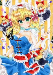 Rule 34 | adapted costume, alice margatroid, animal ears, artist request, black dress, black footwear, blonde hair, blue dress, bow, breasts, capelet, card, cleavage, doll, dress, fake animal ears, frilled dress, frilled sash, frills, green eyes, hairband, hourai doll, lolita hairband, long hair, marker (medium), mary janes, medium breasts, medium hair, puppet strings, red bow, red hairband, red neckwear, red sash, sash, shanghai doll, shoes, touhou, traditional media, white capelet