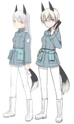 Rule 34 | 1girl, animal ears, before and after, blue eyes, boots, card, commentary request, eila ilmatar juutilainen, fox ears, fox tail, full body, long hair, looking at viewer, military, military uniform, multiple views, pantyhose, playing card, shimada fumikane, silver hair, simple background, smile, strike witches, tail, uniform, white background, white footwear, white pantyhose, world witches series