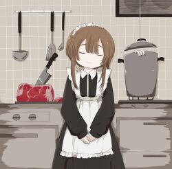 Rule 34 | 1girl, apron, ashi izumo, beef, black dress, black nails, brown hair, closed eyes, closed mouth, commentary, cooking pot, counter, cowboy shot, double-parted bangs, dress, facing viewer, food, frilled apron, frills, highres, indoors, kitchen, kitchen knife, ladle, long sleeves, maid, maid apron, maid headdress, meat, nail polish, original, own hands together, severed hand, severed limb, short hair, sleeping, sleeping upright, smile, solo, spatula, standing, stove, straight-on, string, tile wall, tiles, v arms, white apron