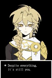 Rule 34 | 1boy, absurdres, aether (genshin impact), ahoge, armor, bags under eyes, black background, black shirt, blonde hair, braid, closed mouth, earrings, english text, genshin impact, gold trim, hair between eyes, highres, jewelry, kohianji, long hair, looking at viewer, male focus, messy hair, scarf, scene reference, shirt, short sleeves, shoulder armor, simple background, single earring, solo, standing, undertale, white scarf, yellow eyes