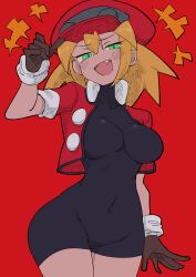 Rule 34 | 1girl, absurdres, black bodysuit, blonde hair, blush, bodysuit, breasts, buzzlyears, cabbie hat, covered collarbone, covered navel, cropped jacket, fang, glowing, green eyes, hat, highres, jacket, medium breasts, mega man (series), mega man legends (series), no pants, open clothes, open jacket, open mouth, red hat, roll caskett (mega man), smug, solo