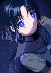 Rule 34 | 1girl, abstract background, absurdres, black background, black hair, black sailor collar, blue eyes, blue neckerchief, closed mouth, commentary request, curtained hair, expressionless, floating hair, from side, hand up, highres, ily., looking at viewer, looking to the side, medium hair, narume, neckerchief, official art, pink lips, pixel art, sailor collar, shadow, shirt, short sleeves, solo, upper body, white shirt, yurisawa airi