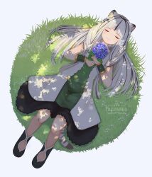 Rule 34 | animal ears, artist logo, artist name, atla fayon, black footwear, black skirt, bracelet, braid, closed eyes, dress, flower, from above, full body, grass, holding, holding flower, jewelry, julie, long hair, low twin braids, lying, multicolored clothes, multicolored dress, multicolored hair, on back, purple flower, short sleeves, skirt, smile, striped hair, sunlight, tail, tate no yuusha no nariagari, tiger ears, tiger tail, tree shade, twin braids, white hair