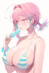 Rule 34 | 1girl, absurdres, ahoge, alternate hairstyle, aqua hair, bikini, blush, bracelet, breasts, cleavage, covered erect nipples, dripping, earrings, food, freng, hair intakes, hand up, heart, heart earrings, highres, holding, huge breasts, idolmaster, idolmaster cinderella girls, jewelry, large breasts, multicolored hair, open mouth, pink eyes, pink hair, ponytail, popsicle, simple background, solo, string bikini, striped bikini, striped clothes, swimsuit, upper body, white background, yumemi riamu