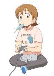 Rule 34 | 1girl, aioi yuuko, blush, brown eyes, brown hair, cat, closed mouth, controller, food, food in mouth, full body, game controller, holding, holding controller, looking at viewer, nichijou, pants, popsicle, popsicle in mouth, shirt, short hair, short sleeves, simple background, sitting, solo, sweatpants, t-shirt, tsubobot, white background