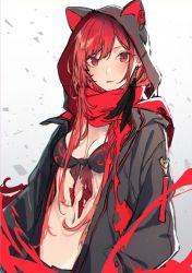 Rule 34 | 1girl, bikini, bikini top only, highres, hood, hood up, hooded jacket, jacket, kuwashima rein, long hair, looking at viewer, open clothes, open jacket, original, red eyes, red hair, scarf, solo, swimsuit, white background