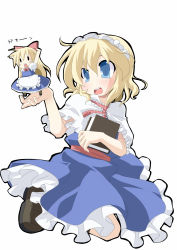 Rule 34 | 1girl, ahoge, alice margatroid, apron, bad id, bad pixiv id, blonde hair, blue eyes, blush stickers, book, bow, capelet, doll, female focus, hair bow, highres, hujikok, long hair, open mouth, puffy sleeves, shanghai doll, short hair, short sleeves, touhou, white background