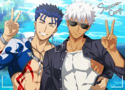 Rule 34 | 2boys, ^ ^, abs, akujiki59, archer (fate), archer (summer casual) (fate), black-framed eyewear, blue hair, blush, closed eyes, collarbone, crescent, crescent necklace, cu chulainn (fate), cu chulainn (fate/stay night), cu chulainn (second ascension) (fate), dark-skinned male, dark skin, fate/grand order, fate/stay night, fate (series), grin, interracial, jewelry, male focus, moon necklace, multiple boys, necklace, official alternate costume, official style, pectorals, red eyes, short hair, sidepec, smile, spiked hair, stomach, sunglasses, tank top, toned, toned male, upper body, v, white hair, white tank top, yaoi