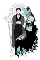 Rule 34 | beard, black hair, bug, butterfly, chair, facial hair, fate/grand order, fate (series), formal, full body, glasses, gloves, heima (jk0t0-g4t), highres, bug, james moriarty (archer) (fate), looking at viewer, male focus, monochrome, mustache, sherlock holmes (fate), short hair, sleeping, smile, suit, white hair