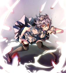 Rule 34 | 1girl, apron, bent over, black thighhighs, blue dress, blue skirt, bow, braid, brown footwear, dress, energy, eredhen, fighting stance, frilled apron, frills, hair bow, holding, holding knife, izayoi sakuya, knife, legs apart, light trail, looking at viewer, maid, maid apron, maid headdress, red eyes, ribbon, serious, sheath, shirt, shoes, short dress, short hair, silver hair, skirt, sleeveless, sleeveless dress, solo, thigh strap, thighhighs, thighs, touhou, twin braids, unsheathing, white shirt, wide stance, wrist cuffs, zettai ryouiki