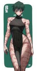 Rule 34 | 1girl, black dress, collar, covered erect nipples, dress, english text, fatzhai, frown, green background, green hair, heavy breathing, highres, jujutsu kaisen, no bra, scar, scar on face, solo, toned, white background, yellow eyes, zen&#039;in maki