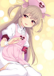 Rule 34 | 1girl, :d, apron, blonde hair, blush, commentary request, fang, hat, heart, long hair, looking at viewer, minamura haruki, natori sana, nurse cap, open mouth, pink apron, pink eyes, puffy short sleeves, puffy sleeves, sana channel, short sleeves, sitting, smile, solo, thighhighs, two side up, very long hair, virtual youtuber, wariza, white thighhighs