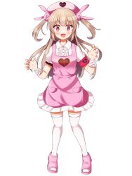 Rule 34 | 1girl, @ @, absurdres, apron, armband, breasts, brown hair, commentary request, fang, full body, hair ornament, hat, highres, kominato haru, looking at viewer, natori sana, nurse cap, open mouth, rabbit hair ornament, red eyes, sana channel, simple background, slippers, small breasts, solo, standing, sweat, translation request, transparent background, virtual youtuber