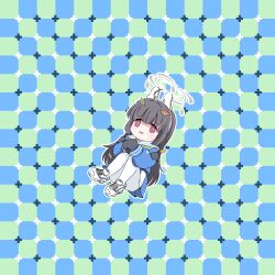 1girl @_@ absurdres animal_ears black_gloves black_hair blue_archive blush checkered_background commentary deformed dutch_angle fake_animal_ears gloves gomibako_(a_rubbish_box) hair_ornament halo highres leaf_hair_ornament long_hair miyu_(blue_archive) optical_illusion pantyhose primrose_field_illusion rabbit_ears red_eyes sailor_collar shoes sneakers solo symbol-only_commentary wavy_mouth white_footwear white_pantyhose