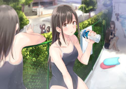 Rule 34 | 2nd, 6+girls, atelier2nd, bad id, bad pixiv id, bottle, braid, brown eyes, brown hair, bush, chain-link fence, collarbone, competition school swimsuit, day, fence, hand up, holding, holding bottle, kickboard, leaning on object, long hair, long sleeves, looking at viewer, multiple girls, neckerchief, one-piece swimsuit, original, outdoors, poolside, school swimsuit, school uniform, serafuku, shade, side braid, sidelocks, sitting, solo focus, standing, swimsuit, water bottle, waving, white neckerchief