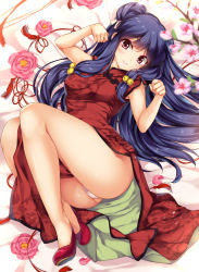 Rule 34 | 1girl, bare legs, bell, blue hair, blurry, blush, breasts, china dress, chinese clothes, depth of field, double bun, dress, female focus, flower, hair bell, hair bun, hair ornament, highres, long hair, looking at viewer, lying, monety, on back, on bed, panties, purple eyes, purple hair, ranma 1/2, red dress, shampoo (ranma 1/2), smile, solo, underwear, very long hair, white panties