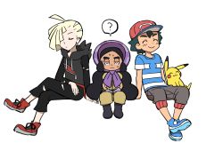 Rule 34 | 1girl, 2boys, ?, ahoge, ame (ame025), ash ketchum, baseball cap, black footwear, black hair, black pants, blonde hair, blue footwear, bonnet, boots, closed eyes, closed mouth, commentary request, creatures (company), game freak, gen 1 pokemon, gladion (pokemon), gloves, grey pants, half-closed eyes, hapu (pokemon), hat, hood, hood down, hoodie, invisible chair, jumpsuit, long hair, multiple boys, nintendo, pants, pikachu, pokemon, pokemon (anime), pokemon (creature), pokemon sm (anime), purple headwear, red footwear, red headwear, shirt, shoes, short hair, short sleeves, sitting, smile, spoken question mark, striped clothes, striped shirt, sweat, t-shirt, torn clothes, torn pants, twintails, wavy mouth