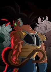 Rule 34 | 1girl, 3boys, absurdres, armband, armor, bardock, black background, black outline, blue armband, blue pants, broken armor, brown fur, commentary, dragon ball, dragon ball super, english commentary, facial scar, from behind, granolah (dragon ball), highres, iamthetrev, light, looking to the side, male focus, monkey tail, muezli, multiple boys, muscular, muscular male, outline, pants, red wristband, saiyan armor, scar, scar on cheek, scar on face, scouter, serious, shoulder armor, simple background, solo focus, son goku, spiked hair, tail, wristband