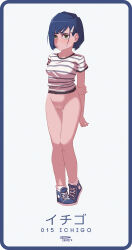 Rule 34 | 1girl, ankle socks, arms behind back, artist name, asymmetrical hair, black shirt, blue border, blue footwear, blue hair, blunt ends, blush, bob cut, border, bottomless, breasts, casual, censored, character name, closed mouth, commentary, darling in the franxx, embarrassed, english commentary, full body, furrowed brow, green eyes, groin, hair ornament, hair over one eye, hairclip, high tops, highres, holding own arm, ichigo (darling in the franxx), looking at viewer, mosaic censoring, navel, nervous, no panties, phinci, pigeon-toed, pursed lips, pussy, shirt, shoes, short hair, short sleeves, shy, signature, simple background, small breasts, sneakers, socks, solo, standing, striped clothes, striped shirt, swept bangs, two-tone shirt, variant set, white background, white shirt, white socks