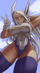 Rule 34 | 1girl, :d, animal ears, arm behind head, artist name, bare shoulders, blush, boku no hero academia, breasts, cloud, cloudy sky, covered abs, covered navel, crescent print, dark-skinned female, dark skin, from below, fur collar, gud0c, highleg, highleg leotard, highres, large breasts, leotard, long eyelashes, long hair, looking at viewer, mirko, muscular, muscular female, open mouth, parted bangs, purple thighhighs, rabbit ears, rabbit girl, red eyes, sky, sleeveless turtleneck leotard, smile, solo, taut leotard, thick thighs, thighhighs, thighs, v, very long hair, white hair, white leotard