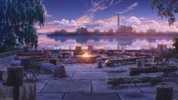 Rule 34 | artist name, chair, cloud, cloudy sky, copyright name, copyright request, evening, fire, fireplace, highres, lake, log, no humans, reflection, reflective water, scenery, shore, sky, star (sky), tower, tree, troncill, water, wide shot
