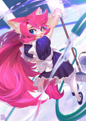 Rule 34 | 1girl, :p, animal ear fluff, animal ears, big hair, blue eyes, bucket, dog ears, dog tail, dress, dutch angle, female focus, frills, from behind, furry, furry female, gloves, highres, hose, inuki (aruurara), long hair, looking back, maid, mop, original, pink hair, smile, solo, tail, tongue, tongue out, very long hair, water