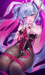 Rule 34 | 1girl, absurdres, animal ears, bare shoulders, black leotard, blue eyes, blue hair, blush, bound, breasts, broken handcuffs, chochomi, clothing cutout, cuffs, cutout above navel, fake animal ears, fishnet pantyhose, fishnets, hair ornament, handcuff dangle, handcuffs, hatsune miku, heart cutout, highres, leotard, looking at viewer, medium breasts, multicolored hair, open mouth, pantyhose, pink pupils, playboy bunny, pole, rabbit ears, rabbit hole (vocaloid), ribbon, ribbon bondage, smile, solo, spring rider, stomach cutout, stripper pole, tongue, tongue out, twintails, two-tone hair, vocaloid, x hair ornament