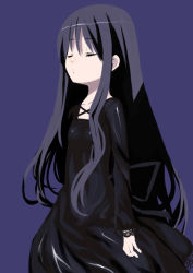 Rule 34 | 1girl, black dress, black hair, closed eyes, dress, expressionless, goth fashion, long hair, original, purple background, simple background, solo