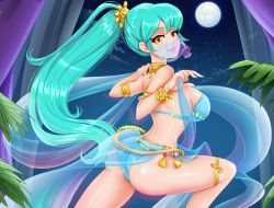 Rule 34 | ass, belly dancer, blue hair, bra, delilah (fap ceo), fap ceo, jewelry, panties, ponytail, underwear, yellow eyes