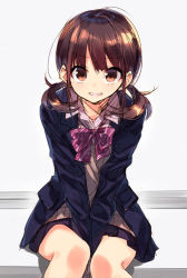 Rule 34 | 1girl, between legs, blazer, blue skirt, brown eyes, brown hair, clenched teeth, collared shirt, grey background, grin, hair between eyes, hand between legs, jacket, looking at viewer, low twintails, open clothes, open jacket, original, parted lips, pleated skirt, purple shirt, school uniform, shirt, simple background, sitting, skirt, smile, solo, sushikuugo (suisen), sweater, teeth, twintails, v arms