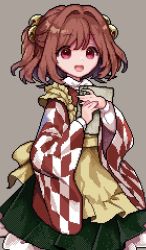 Rule 34 | 1girl, apron, bell, book, character name, checkered clothes, checkered kimono, checkered shirt, commentary request, hair bell, hair ornament, happy, holding, holding book, japanese clothes, jingle bell, kimono, motoori kosuzu, open mouth, pixel art, red eyes, red hair, risui (suzu rks), shirt, short hair, touhou, twintails, two side up, yellow apron