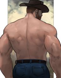 Rule 34 | 1boy, ass, back, back focus, bara, beard, blue pants, cowboy, cowboy hat, cowboy western, denim, dopey (dopq), facial hair, from behind, hat, highres, jeans, looking to the side, male focus, mature male, muscular, muscular male, mustache, original, pants, short hair, solo, thick eyebrows, topless male, western