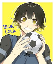 Rule 34 | 1boy, bachira meguru, ball, black hair, blonde hair, blue jersey, blue lock, fasola tj, grin, highres, holding, holding ball, jersey, looking at viewer, multicolored hair, open mouth, simple background, smile, soccer ball, soccer uniform, solo, sports uniform, sportswear, teeth, two-tone hair, wavy hair, yellow background, yellow eyes