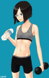 Rule 34 | 1girl, bike shorts, black eyes, bob cut, bottle, dumbbell, exercising, flat chest, glasses, hair ornament, hairclip, itsutsu, lipstick, makeup, midriff, navel, original, short hair, simple background, smile, solo, sports bra, standing, water bottle, weightlifting, weights