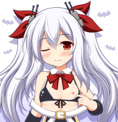 Rule 34 | 1girl, azur lane, bare shoulders, bikini, bikini top only, black bikini, black dress, bow, breasts, closed mouth, collar, detached collar, detached sleeves, dress, fang, fang out, front-tie bikini top, front-tie top, hair between eyes, hair ornament, hair ribbon, head tilt, heart, long hair, long sleeves, looking at viewer, nagana sayui, nipples, red bow, red eyes, red ribbon, ribbon, sidelocks, silver hair, small breasts, smile, solo, swimsuit, twintails, vampire (azur lane), very long hair, white background, white collar, wing collar