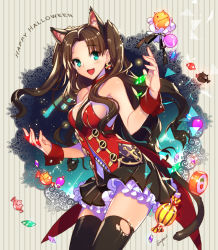 Rule 34 | 1girl, alternate costume, animal ears, bare shoulders, black thighhighs, blush, breasts, brown hair, candy, cat ears, cat tail, cross, cross earrings, earrings, empew, english text, fang, fate/stay night, fate (series), food, gem, green eyes, halloween, jewelry, long hair, open mouth, ribbon, shiny skin, solo, standing, tail, thighhighs, tohsaka rin, twintails, two side up, wrist cuffs