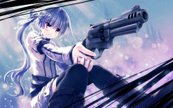 Rule 34 | 1girl, armband, aruciii, belt, black footwear, black thighhighs, blue hair, blue theme, blurry, blush, bokeh, boots, brown eyes, clenched teeth, depth of field, english text, finger on trigger, firing, gun, hair ribbon, handgun, holding, holding gun, holding weapon, long hair, long sleeves, looking away, original, product placement, ribbon, shorts, sitting, smith &amp; wesson, solo, teeth, text focus, thighhighs, very long hair, weapon, white ribbon, zipper