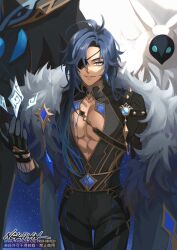 Rule 34 | 1boy, abyss mage (genshin impact), bishounen, black gloves, blue eyes, blue hair, cowboy shot, dark-skinned male, dark skin, eyepatch, fur collar, genshin impact, gloves, hand up, highres, kaeya (genshin impact), long hair, ngkhyn, open clothes, pectoral cleavage, pectorals, smile, solo focus, toned, toned male