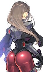 Rule 34 | 1girl, aqua eyes, ass, black capelet, black corset, black gloves, capelet, corset, from behind, gloves, highres, looking at viewer, looking back, matsutakeimo, original, pantyhose, red lips, red pantyhose, signature, simple background, solo, thick lips, white background