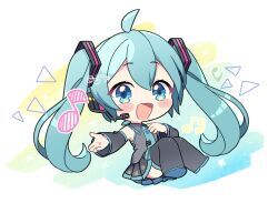 Rule 34 | :d, ahoge, aqua eyes, aqua hair, aqua necktie, aqua trim, black footwear, black skirt, blush stickers, boots, chibi, chibi only, commentary, detached sleeves, double-parted bangs, floating, grey shirt, grey sleeves, hand on own chest, hatsune miku, headphones, headset, highres, invisible chair, knees together feet apart, knees up, long hair, looking at viewer, microphone, musical note, necktie, no nose, open hands, open mouth, outstretched hand, pleated skirt, raised eyebrows, senotarou, shirt, sitting, skirt, sleeveless, smile, solo, thigh boots, three quarter view, twintails, vocaloid