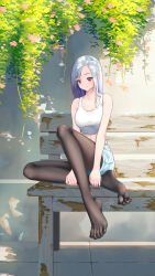 Rule 34 | 1girl, bare arms, bare shoulders, bench, feet, highres, legs, long hair, navel, no shoes, original, pantyhose, red eyes, short shorts, shorts, sitting, soles, tank top, thighs, toes, wcks0774, white hair