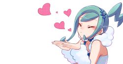 Rule 34 | 1girl, arm warmers, bare shoulders, blowing kiss, blush, closed eyes, closed mouth, commentary request, creatures (company), earrings, from side, game freak, green hair, hands up, heart, highres, jewelry, lisia (pokemon), mocacoffee 1001, nintendo, pokemon, pokemon oras, sidelocks, signature, simple background, sleeveless, solo, upper body, white background