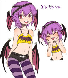 Rule 34 | 1girl, :d, ^ ^, animal print, bare shoulders, bat print, bat wings, belt, belt buckle, blush, buckle, camisole, closed eyes, cowboy shot, crop top, demon girl, embarrassed, flat chest, flat color, flipped hair, flying sweatdrops, hairband, hands on own cheeks, hands on own face, happy, head wings, looking at viewer, low wings, midriff, multiple views, multiple wings, navel, open mouth, original, pantyhose, pantyhose under shorts, purple hair, purple pantyhose, red eyes, short hair, short shorts, shorts, simple background, sketch, smile, spacezin, spaghetti strap, standing, striped clothes, striped pantyhose, studded belt, tank top, traditional media, translation request, upper body, white background, wings